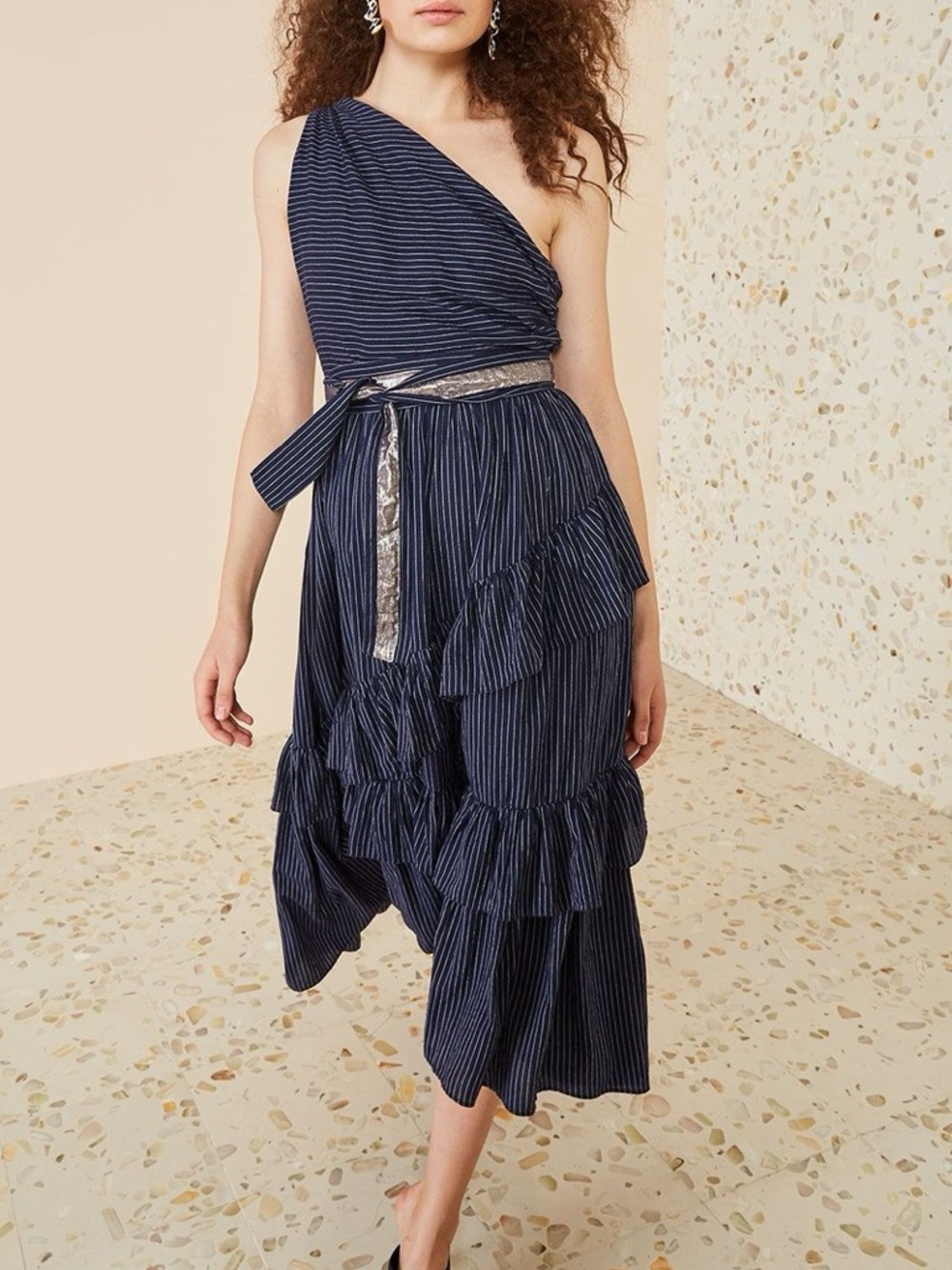 Ulla Johnson Blue Pinstripe One-Shoulder Maxi Dress - Picture 7 of 9
